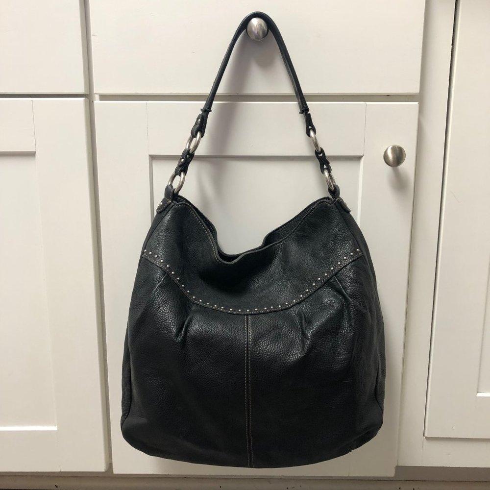 Fossil Black Leather Hobo Shoulder Tote Bag Purse Boho Studded Handbag Hippie